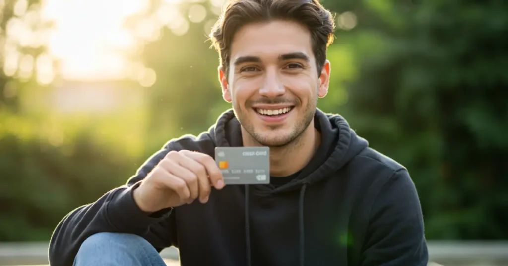 Create an image of a happy person holding a gray credit card.